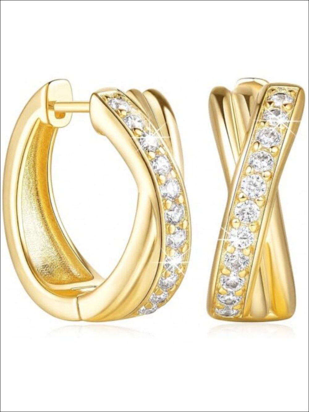 14K Gold Plated Hoop Earrings Cubic Zirconia Huggie X-Shape